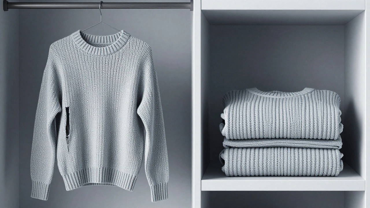 Comparison of distorted hung sweater versus neatly folded sweater on shelf