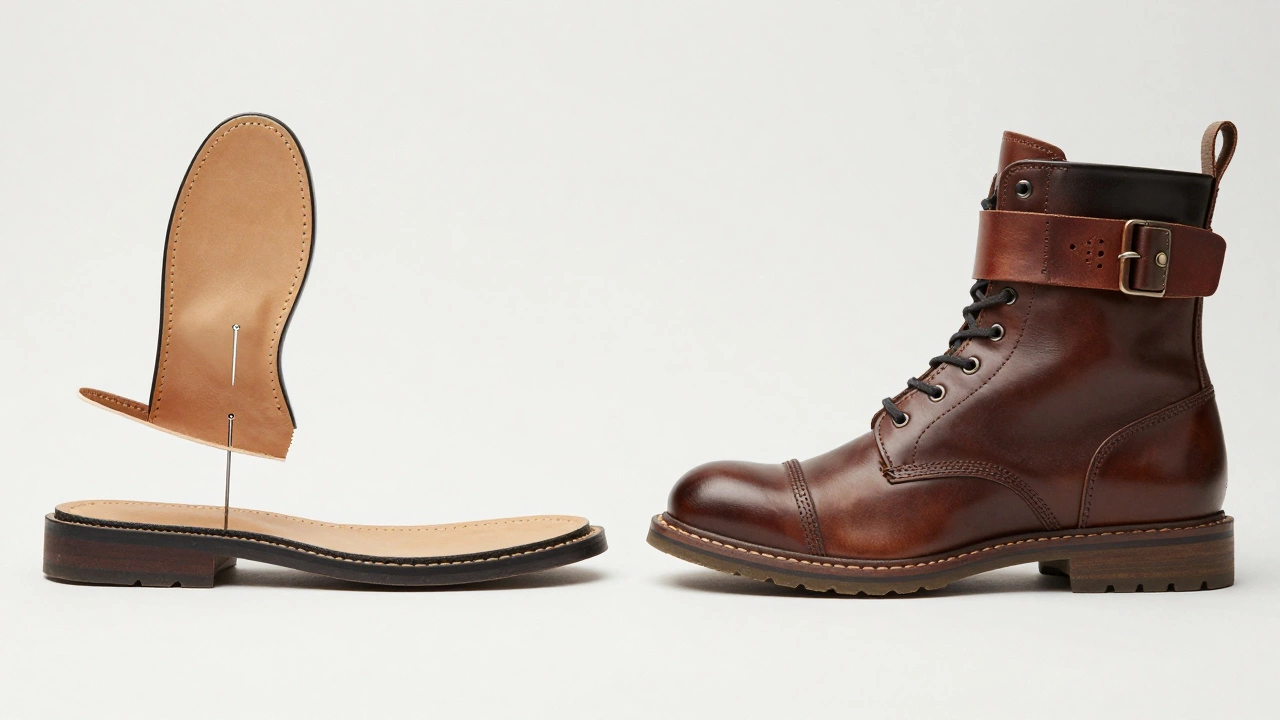 Cross-section diagram comparing Blake stitched and Goodyear welted shoe construction.