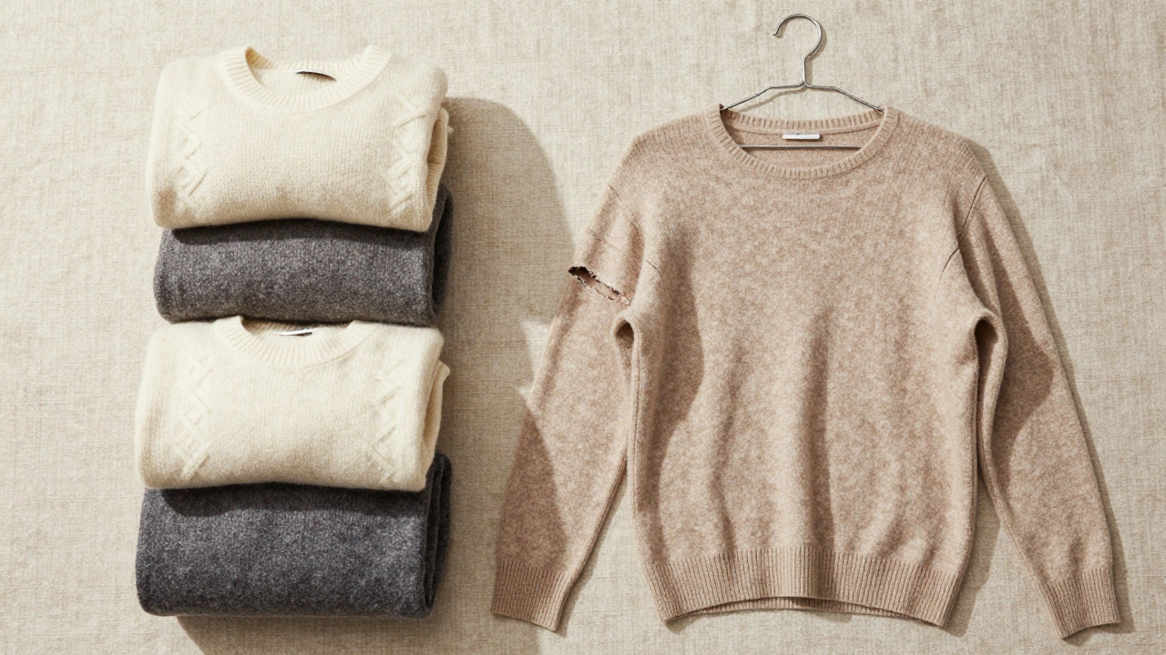 Folded cashmere sweaters next to a stretched-out sweater on a hanger.