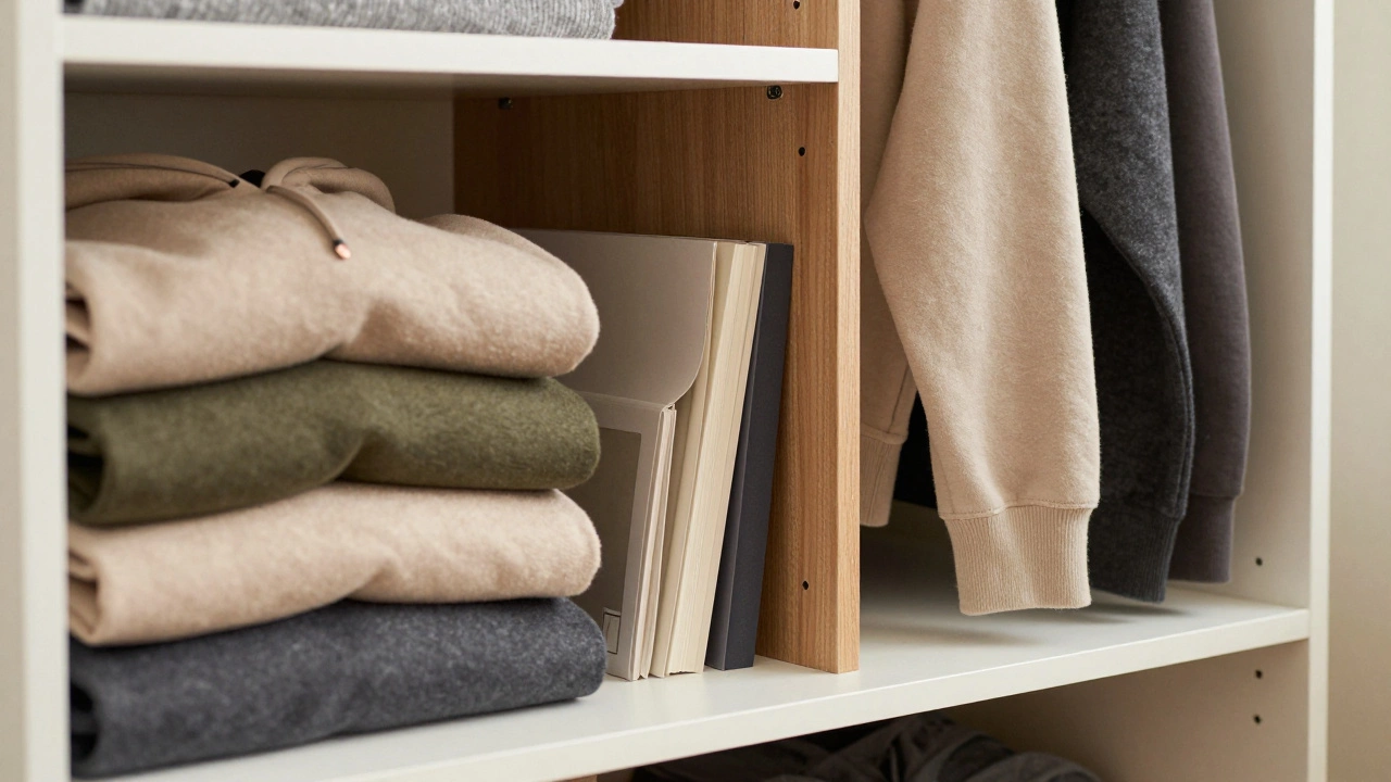 Folded hoodies stored vertically in a drawer using shelf dividers.