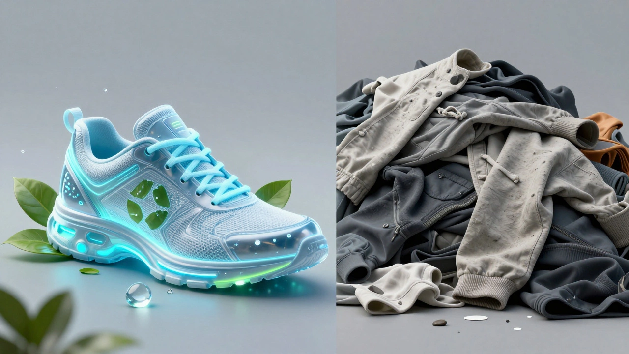 Futuristic sustainable sneaker vs pile of discarded clothes