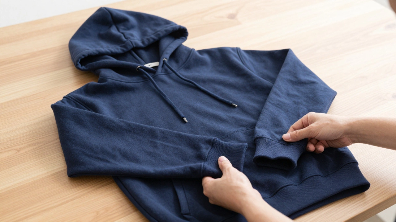 Hands neatly folding a navy hoodie on a wooden table to prevent wrinkles.