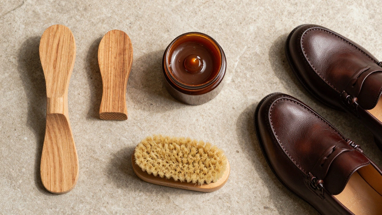 Leather shoes arranged with cedar trees, conditioner, and brushes for care routine.
