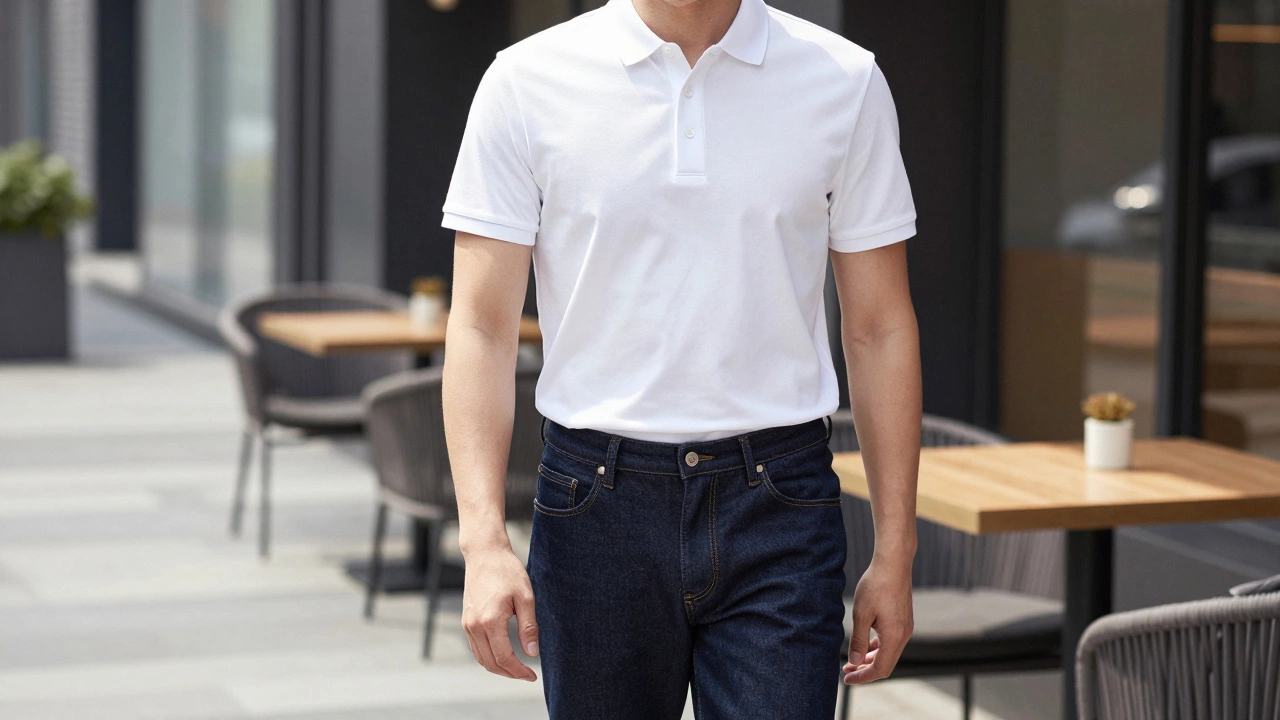 Man wearing white polo and jeans in stylish business casual outfit.