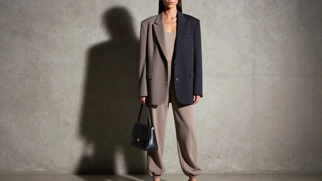 Model wearing luxury blazer over seamless activewear in studio