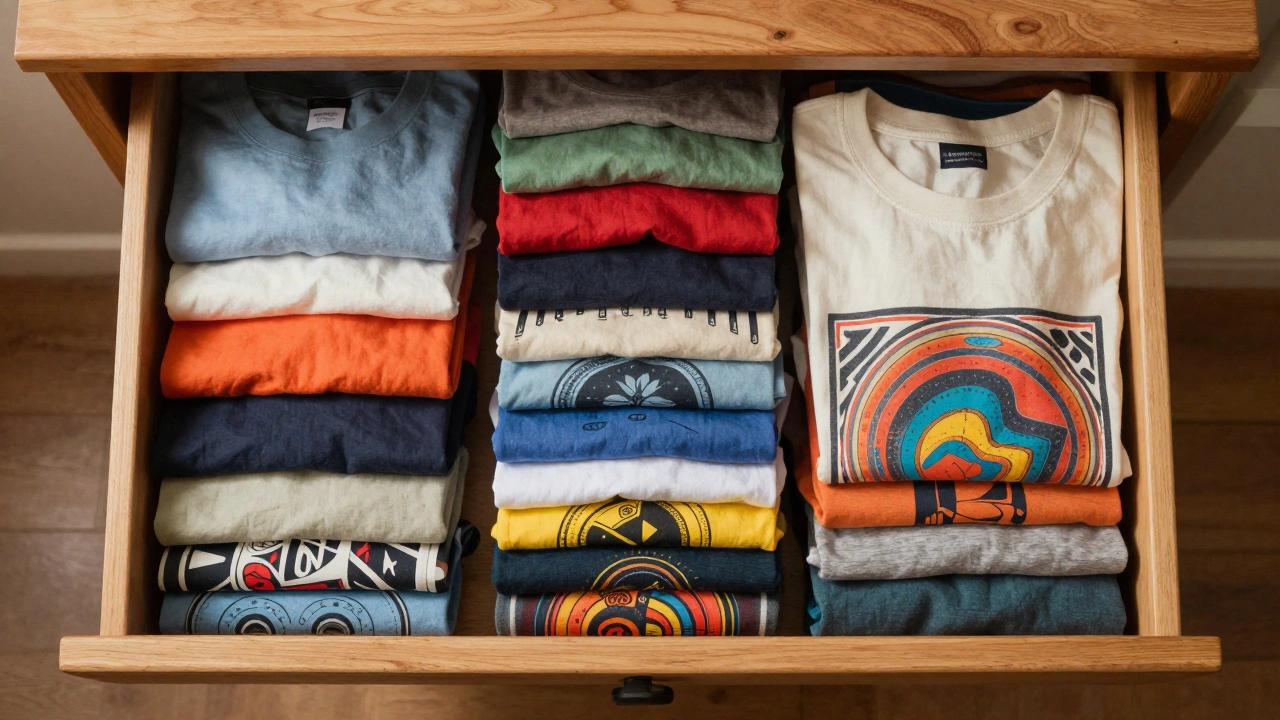 Neatly folded graphic tees stacked upright in an organized wooden drawer