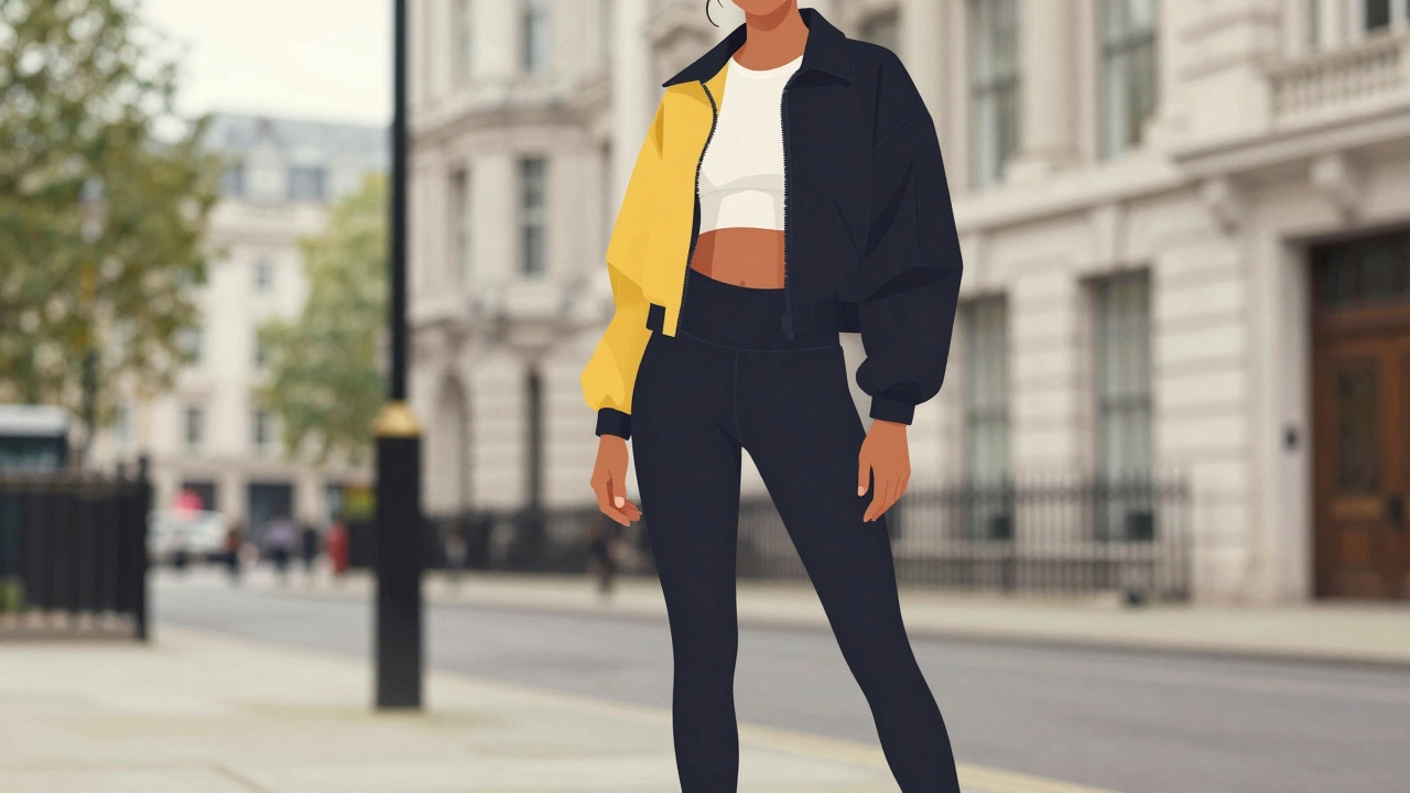 Person wearing hybrid athleisure outfit in an urban city setting