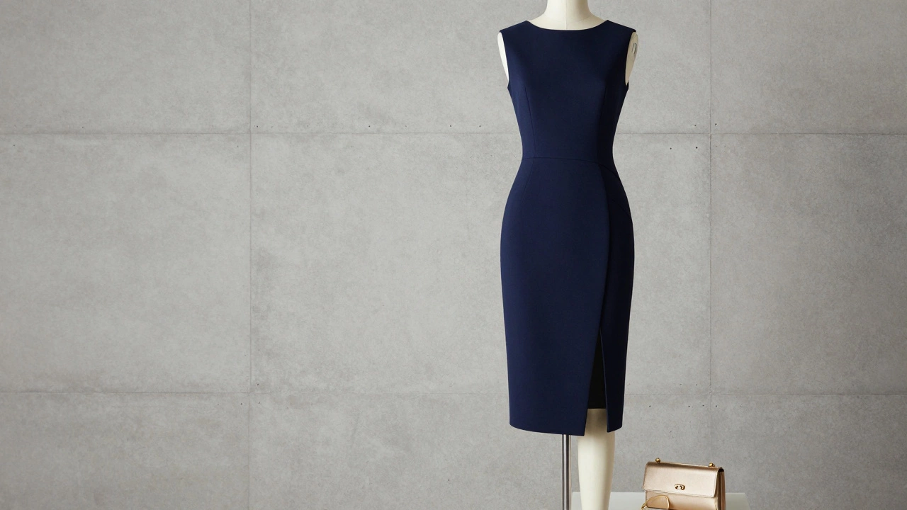 Sleek navy midi dress with side slit on minimalist display