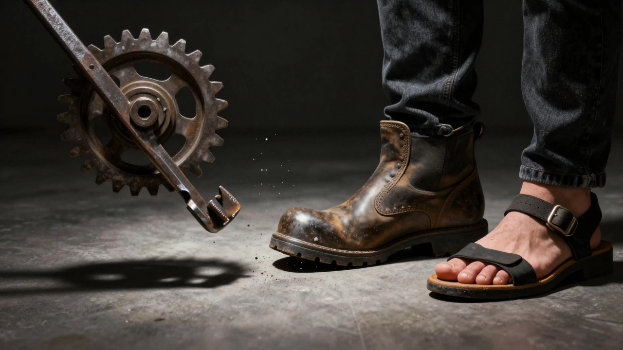 Steel-toe boot vs sandal protecting against falling hazard