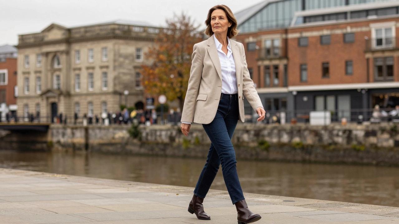 Stylish senior woman wearing tapered jeans and blazer outdoors
