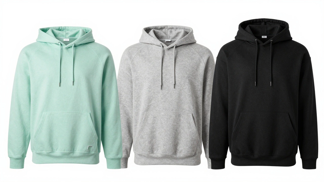 Three hoodies displaying different fabric weights from lightweight to heavyweight.