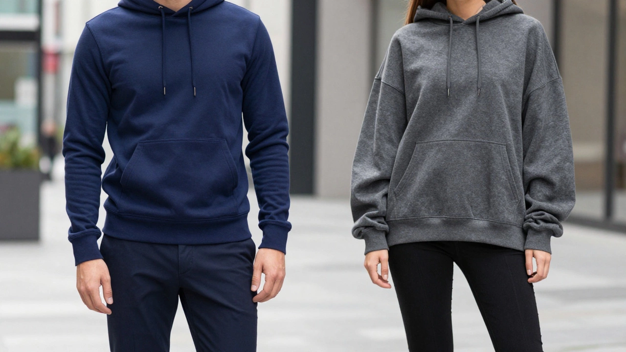 Two models demonstrating slim and oversized hoodie fits with contrasting bottoms.