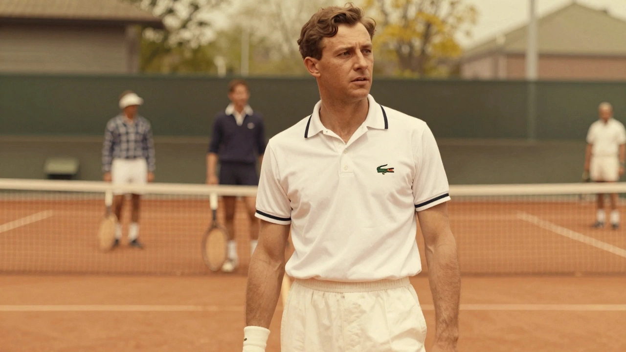 Vintage illustration of René Lacoste playing tennis in 1920s cotton shirt.