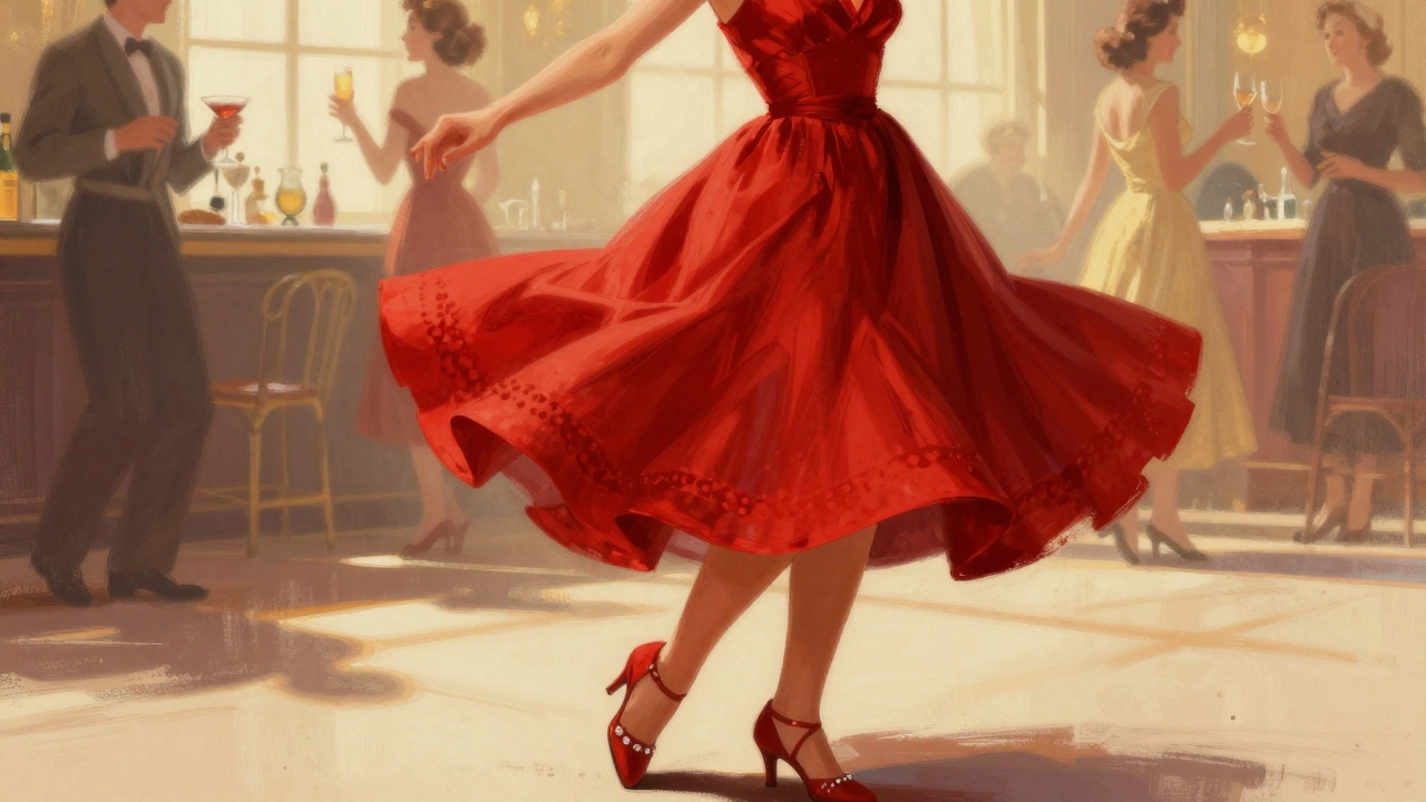 Vintage style woman dancing in red tea-length dress with heels