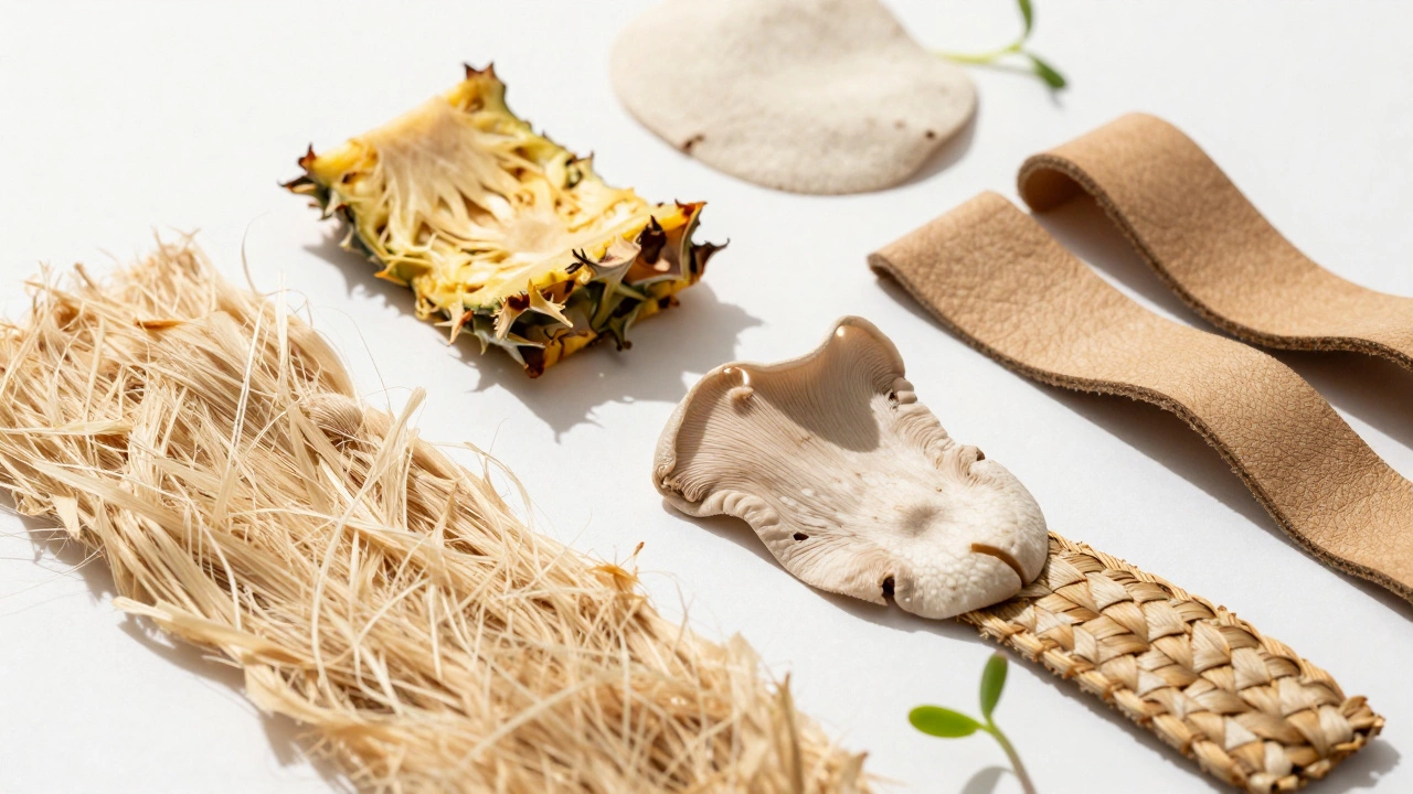 Close-up of sustainable pineapple, mushroom, and cactus leather materials