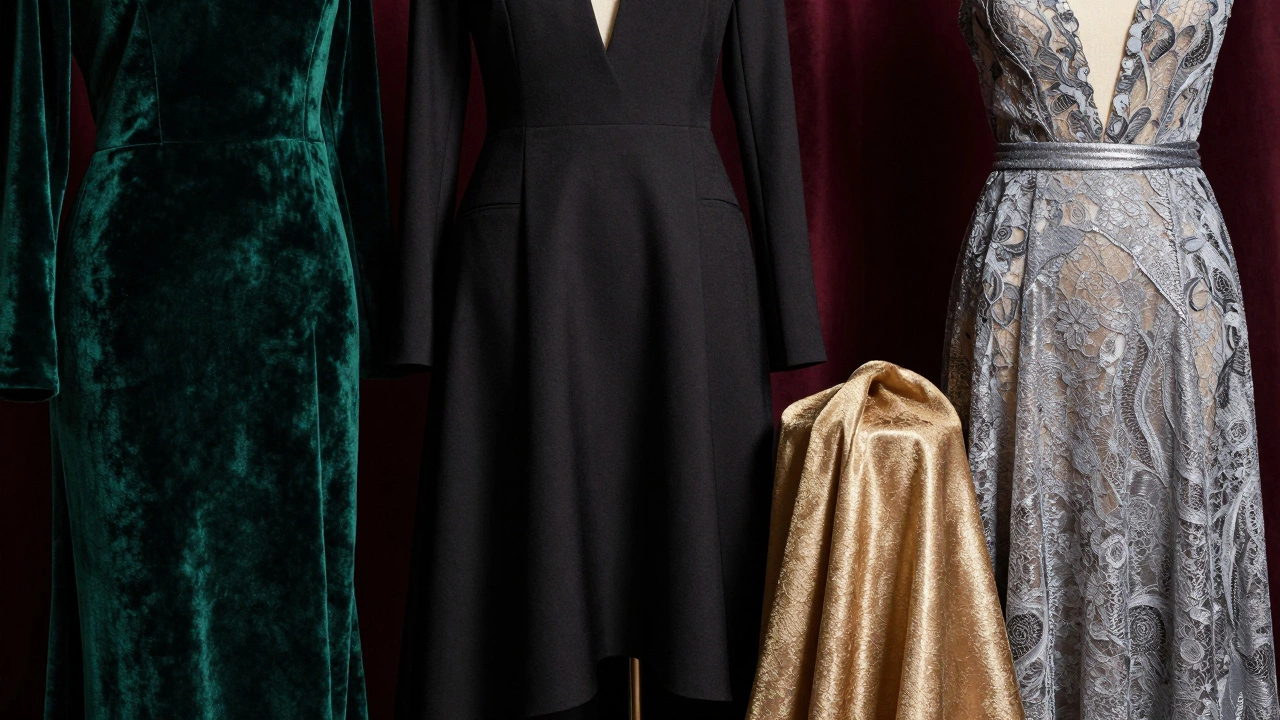 Close-up of velvet, crepe, and lace fabrics
