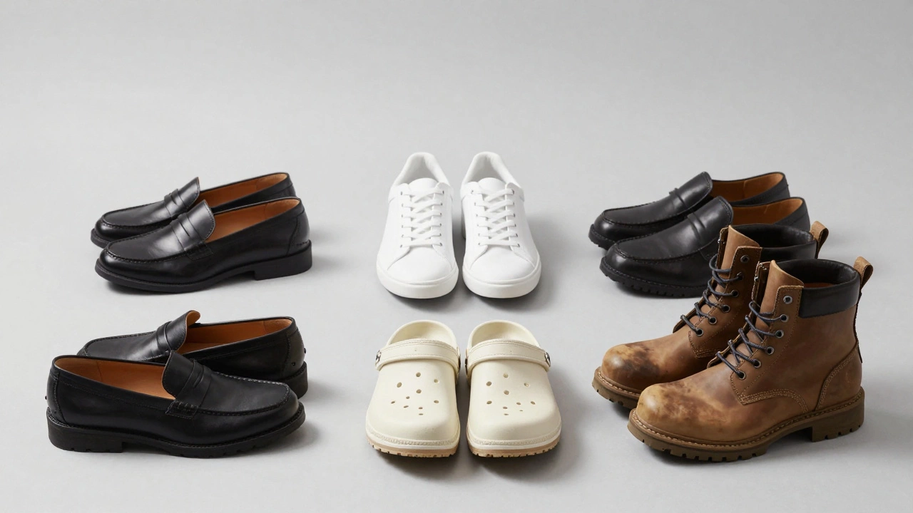 Collection of professional work shoes including loafers and sneakers