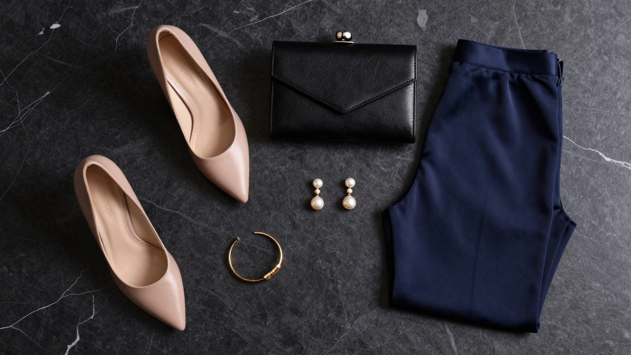 Evening shoes, clutch, and jewelry flat lay