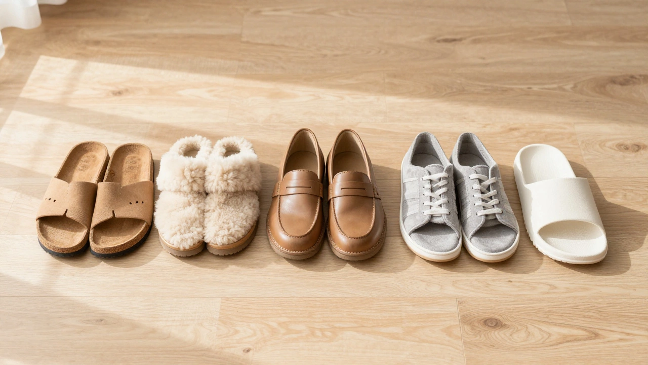 Five different styles of slippers arranged on a wooden floor.