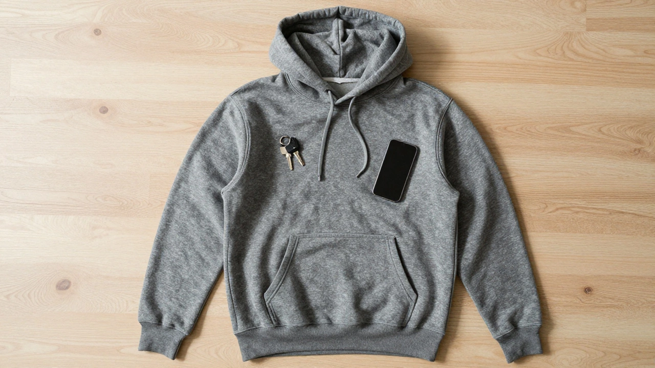 Flat lay of charcoal hoodie showing kangaroo pocket and ribbed cuffs
