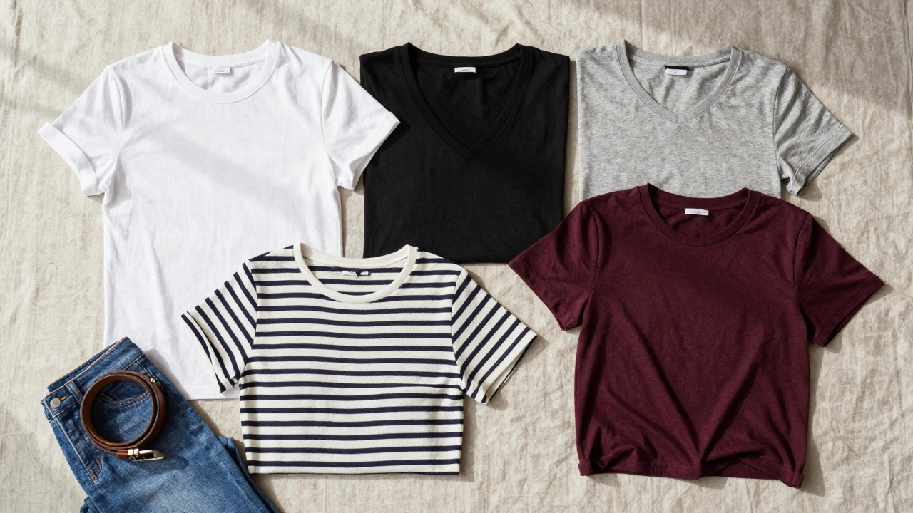 Flat lay of five essential t-shirts for a capsule wardrobe