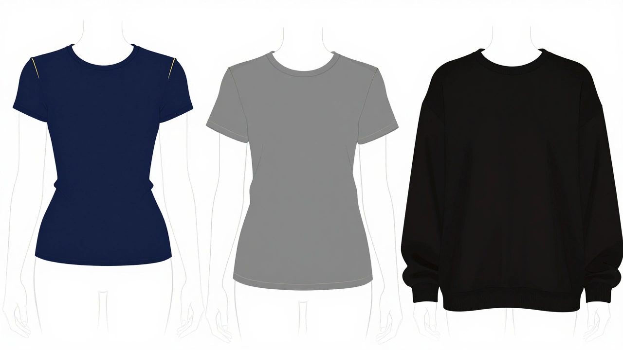 Illustration comparing slim, regular, and oversized t-shirt fits