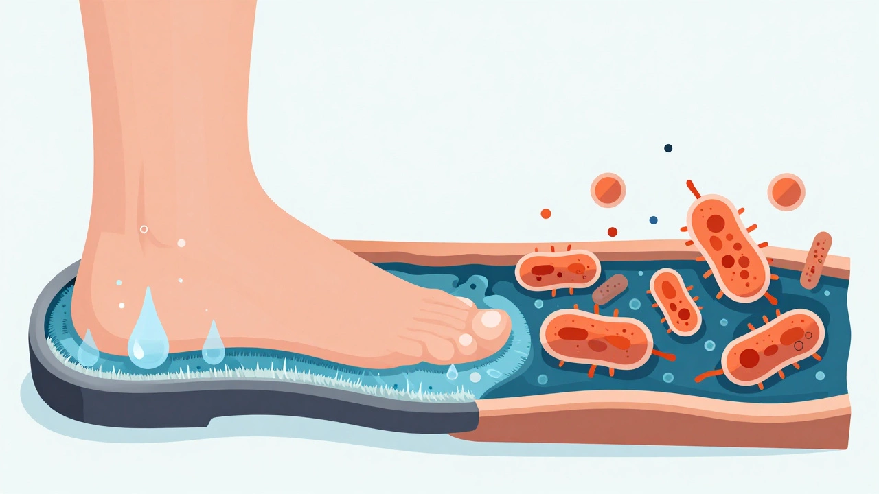 Illustration of bacteria growing in moist wool lining around a foot