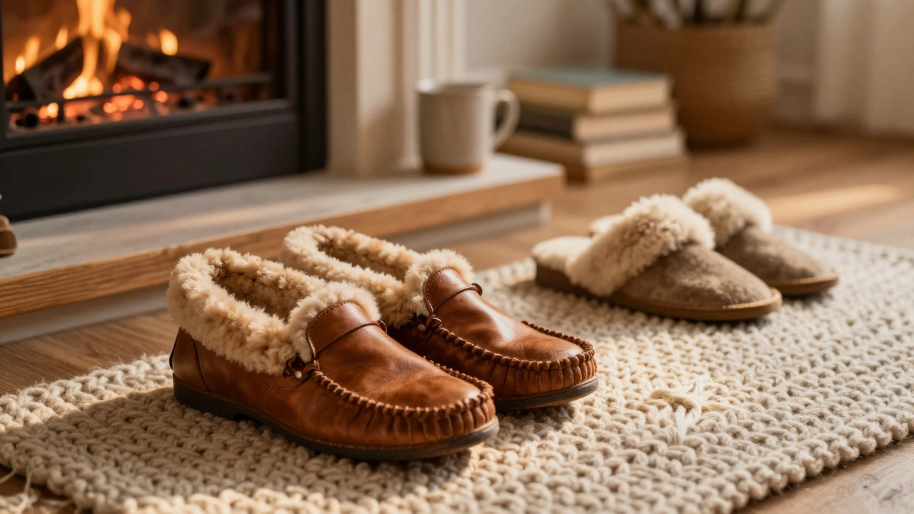 Leather moccasins and sheepskin slippers on a rug by a fireplace.