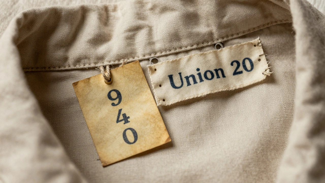 Macro shot of vintage clothing tags showing paper and cotton labels