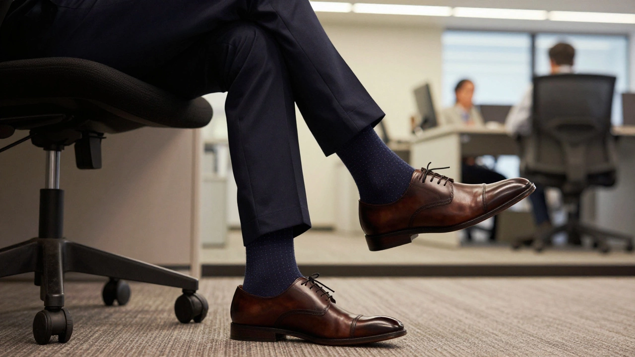 Man crossing legs in office wearing socks with dress shoes