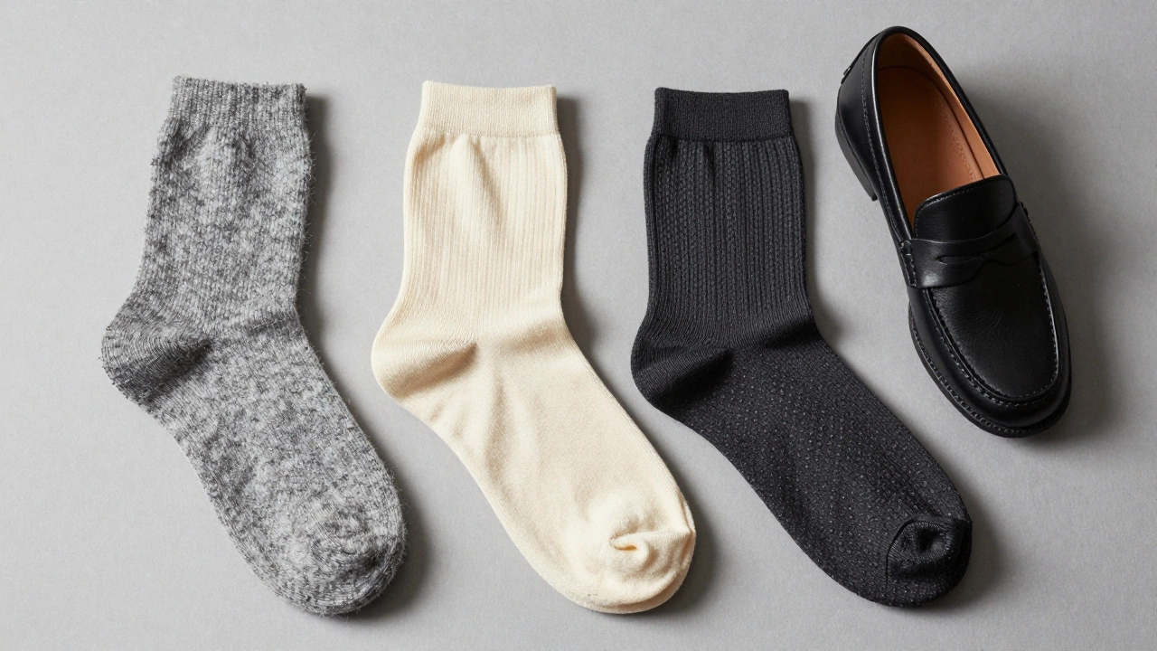 Merino wool, bamboo, and synthetic socks next to a leather loafer