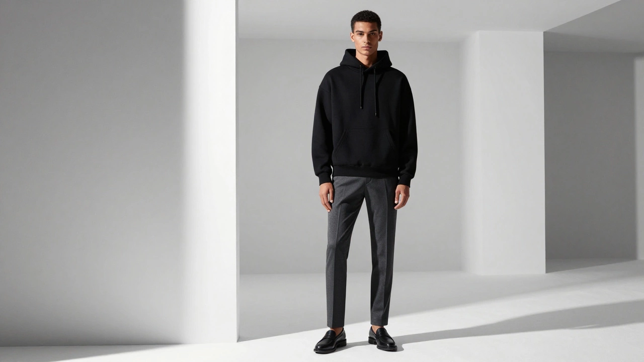 Model in black hoodie styled with tailored trousers