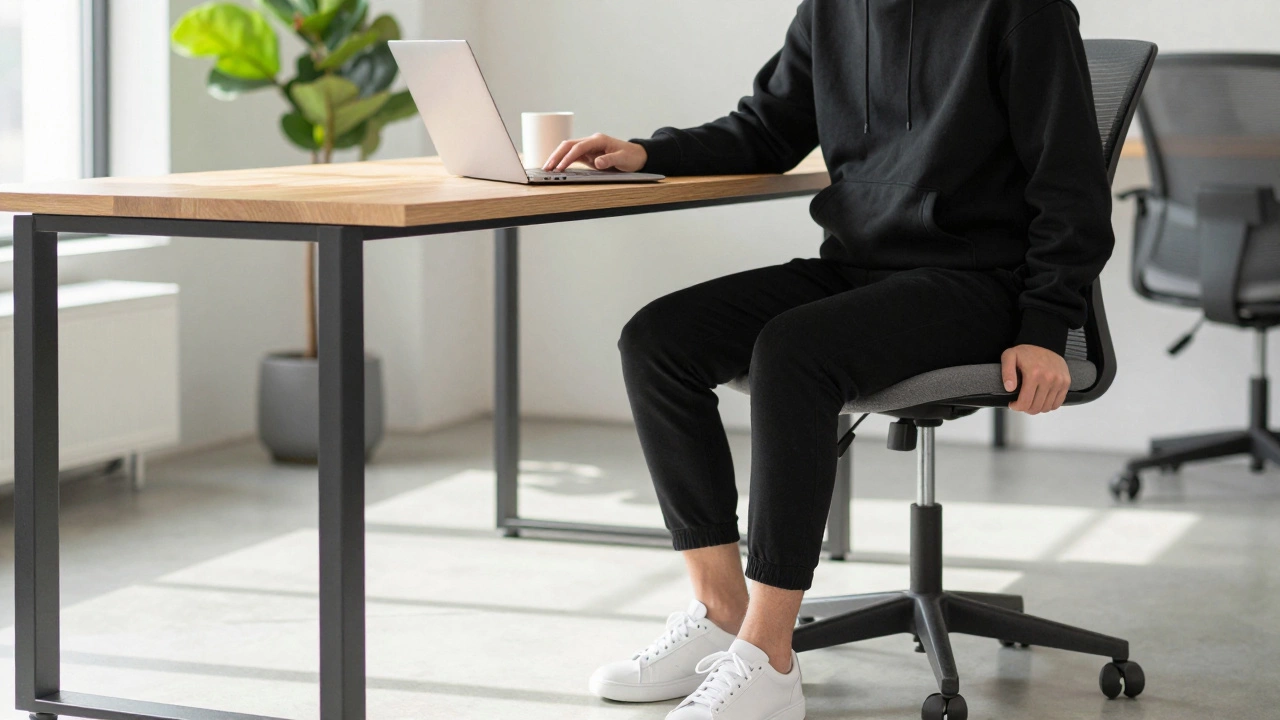 Person in black hoodie working in bright modern tech office