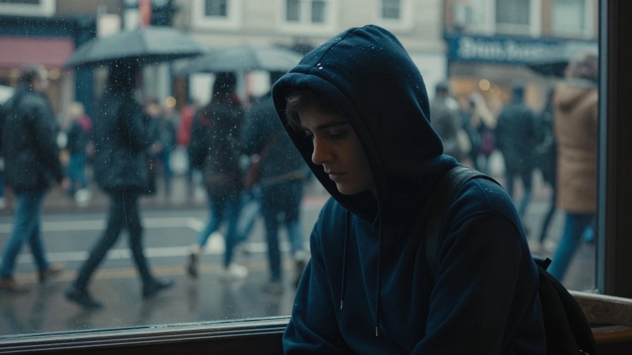 Person in hoodie with hood up finding privacy in a busy rainy city street