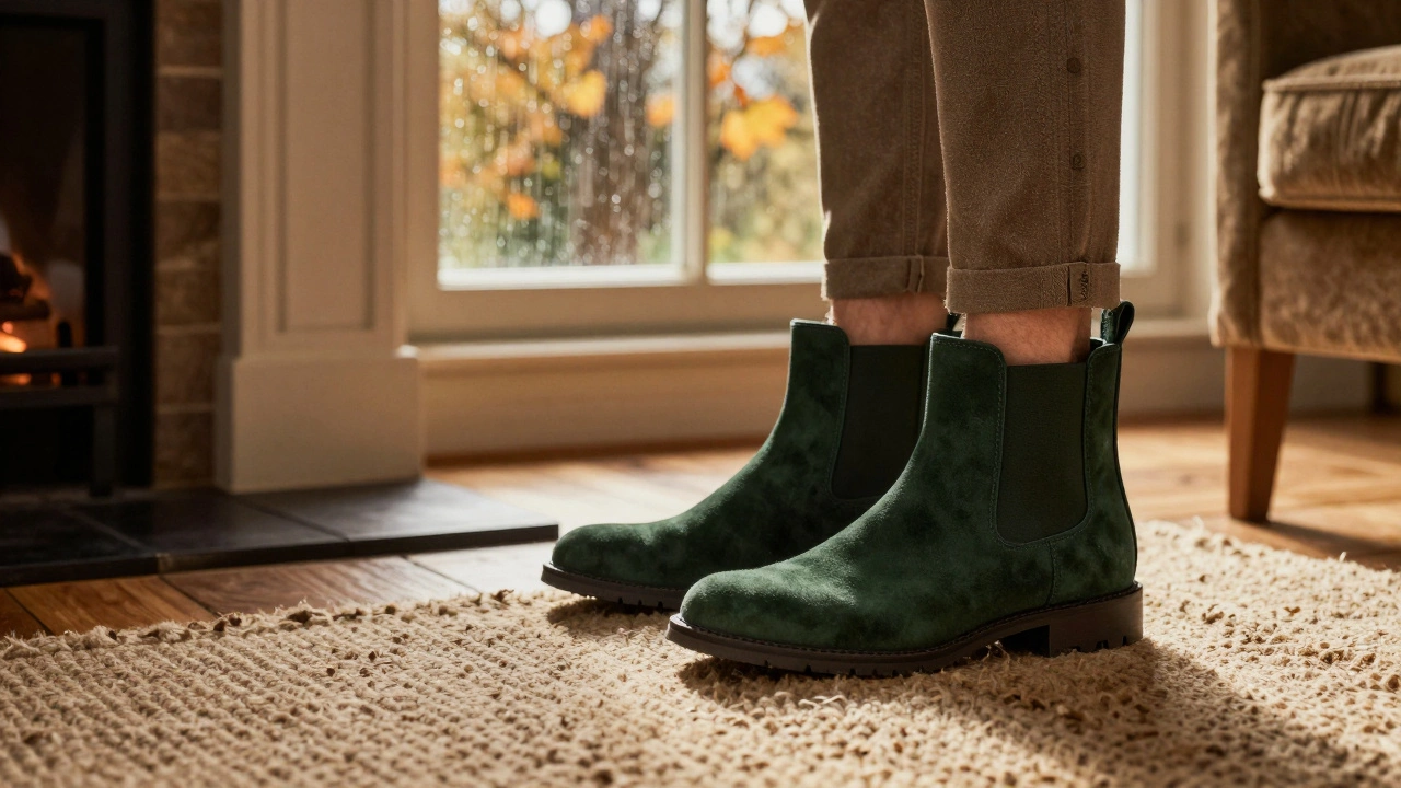 Person wearing green suede boots by a fireplace in autumn