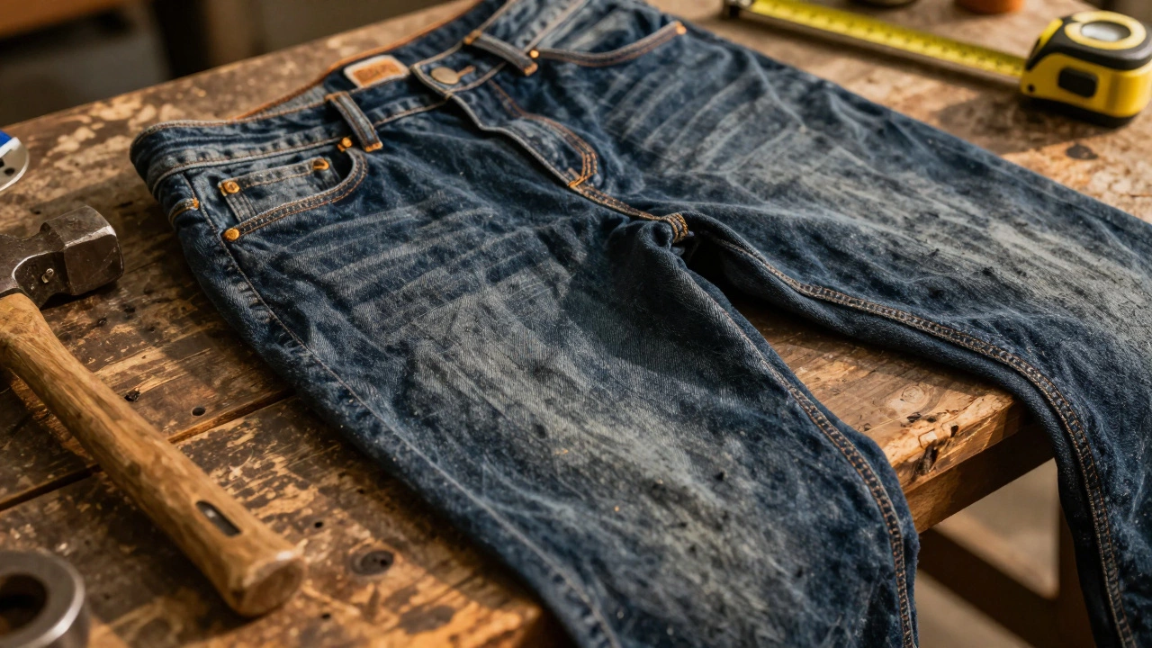 Rugged Wrangler jeans on a workbench with tools, highlighting durability