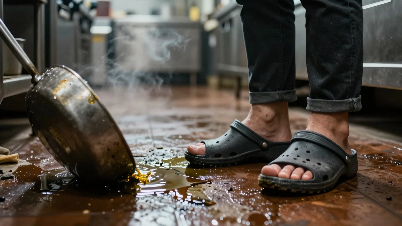 Safety hazard scene showing foam clogs near spilled oil and heavy pan