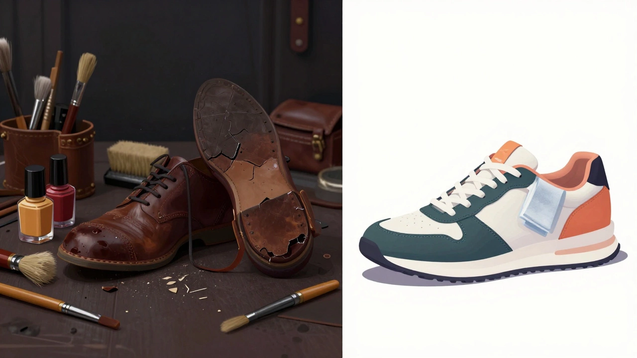 Split image contrasting high-maintenance leather care with easy vegan shoe cleaning