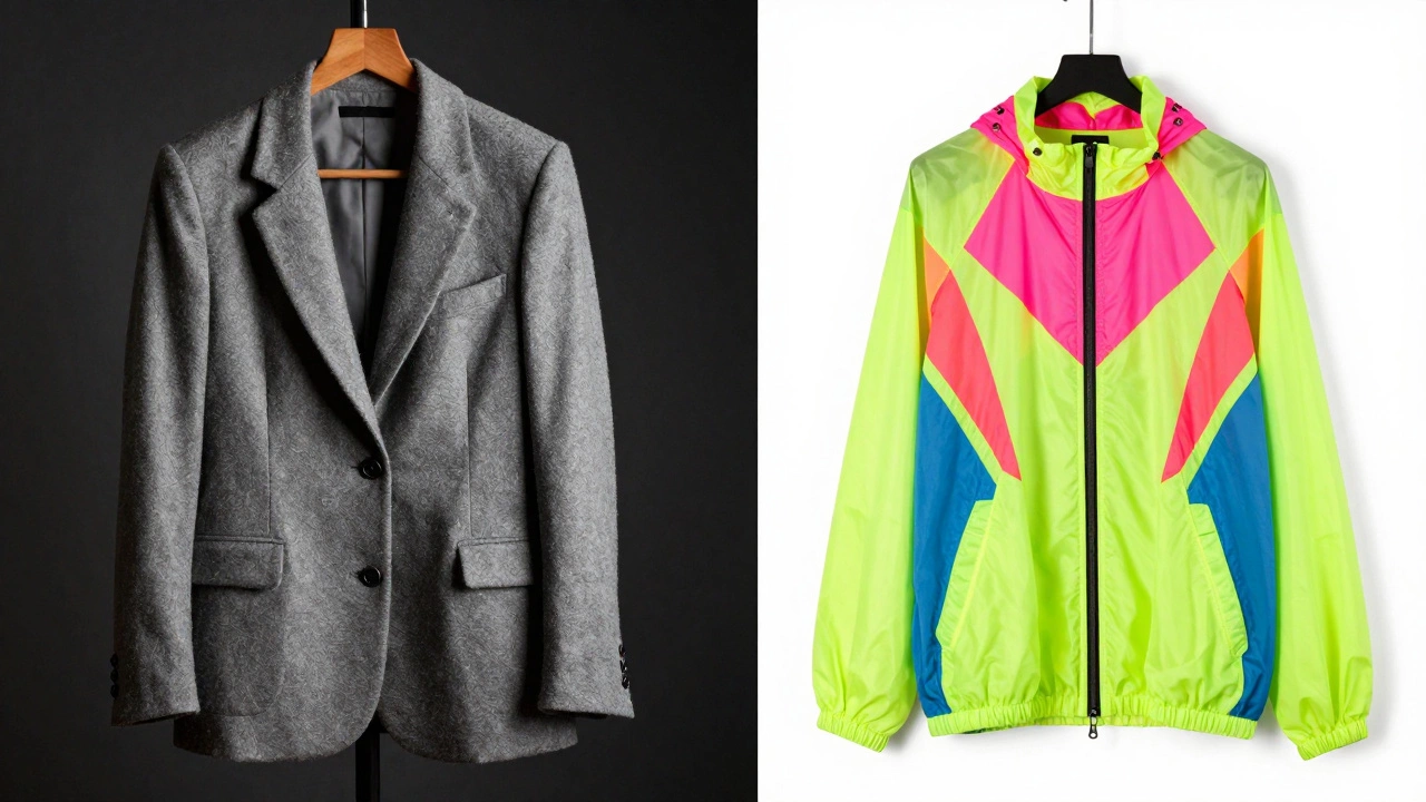 Split view of a 1950s wool blazer and an 1980s neon windbreaker