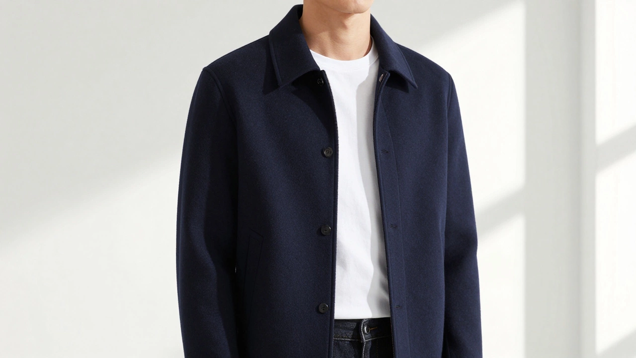 Structured navy collarless jacket with hidden magnetic closure and no buttons