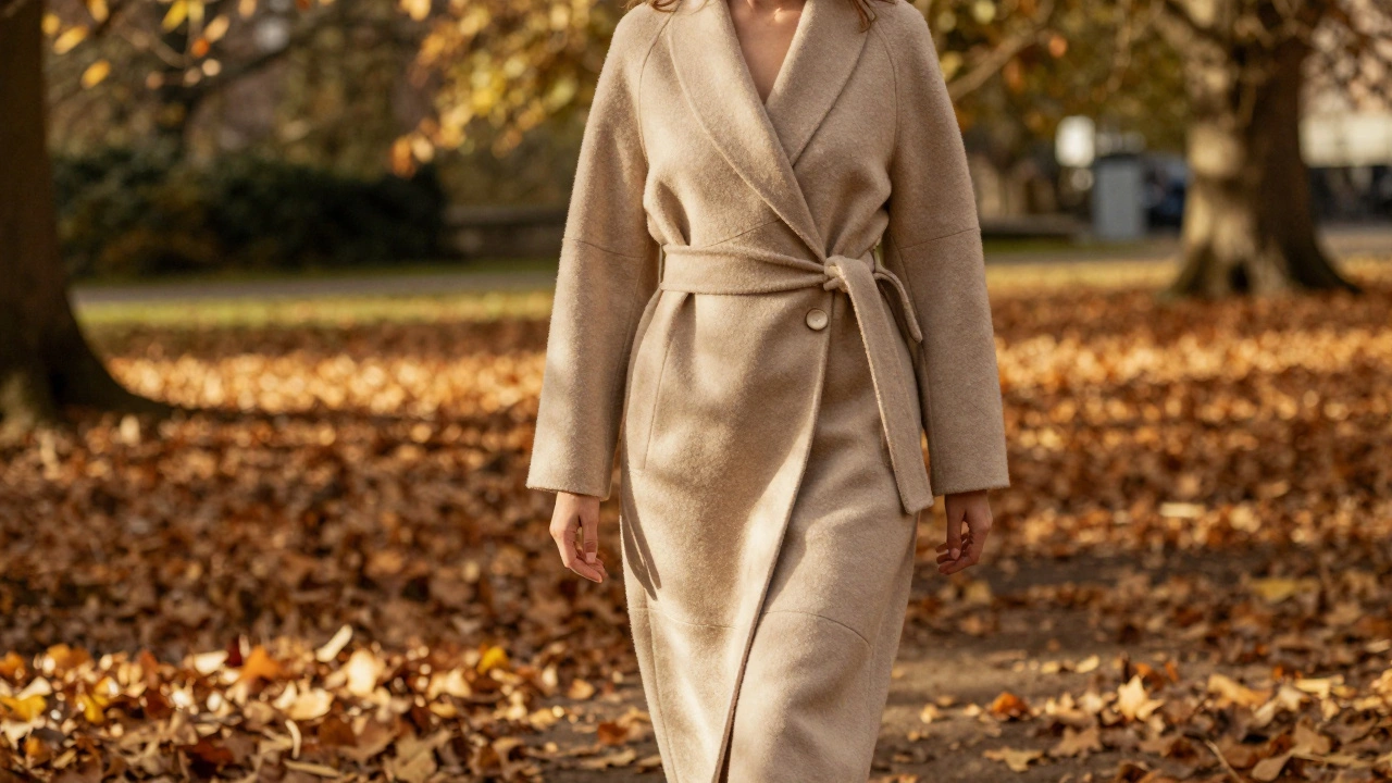 Woman in a beige belted wrap coat walking through an autumn park