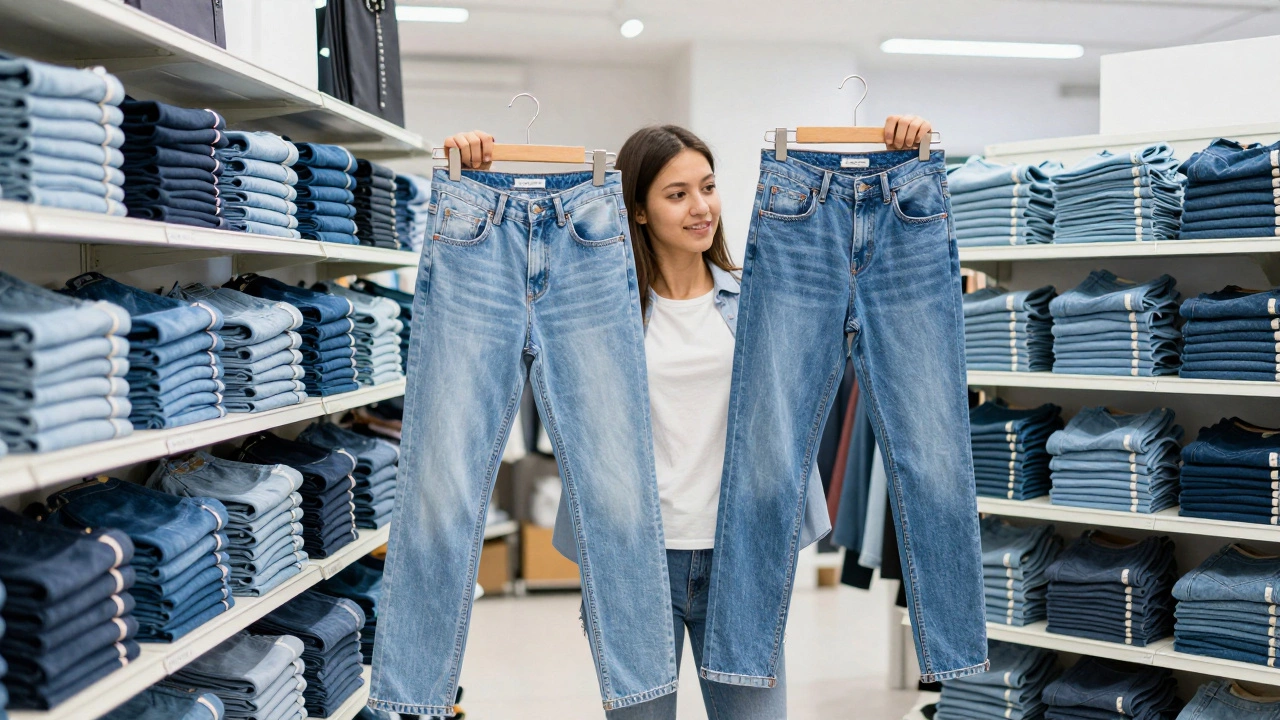 Young shopper comparing trendy affordable jeans in a bright fast-fashion store