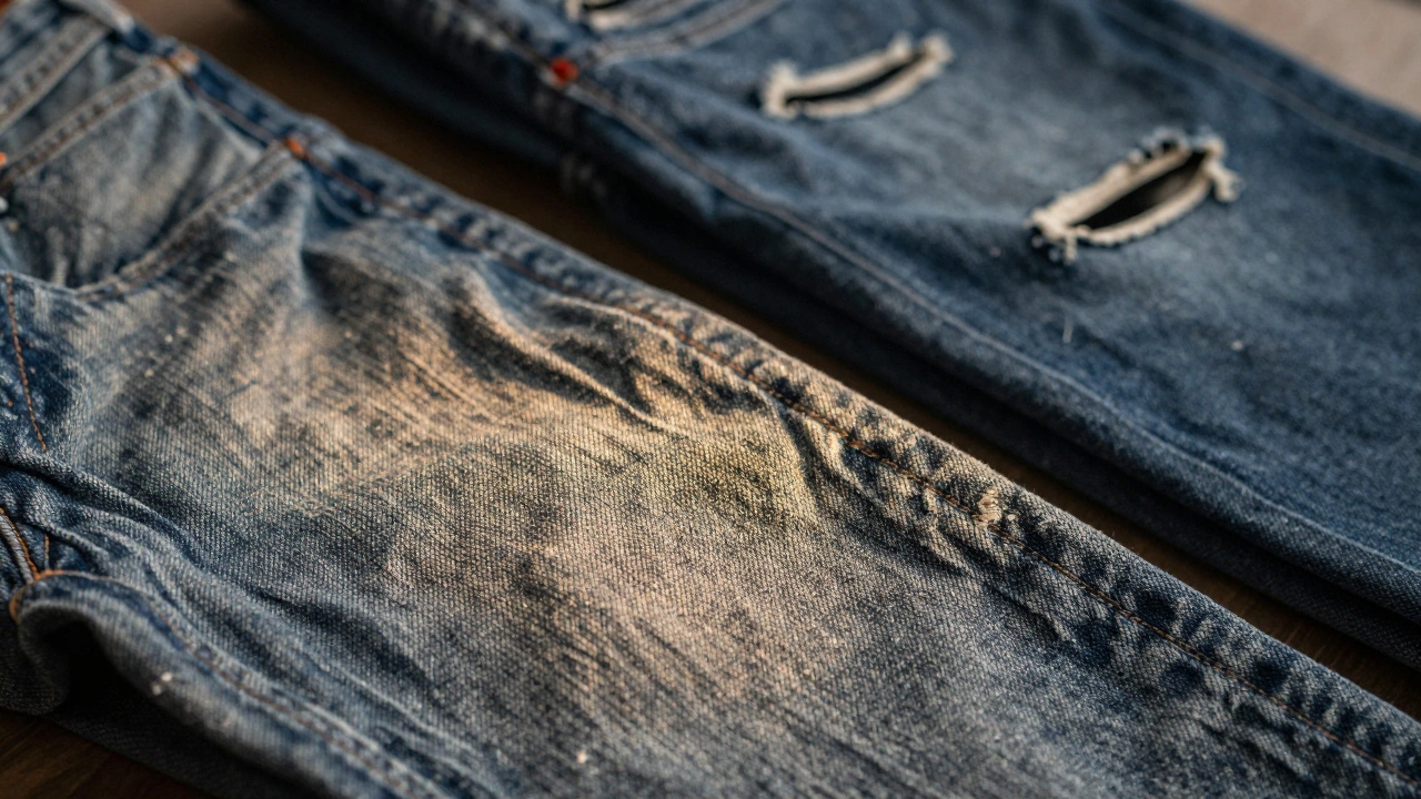 Close-up of authentic vintage denim texture versus artificial factory-distressed fast fashion fabric.