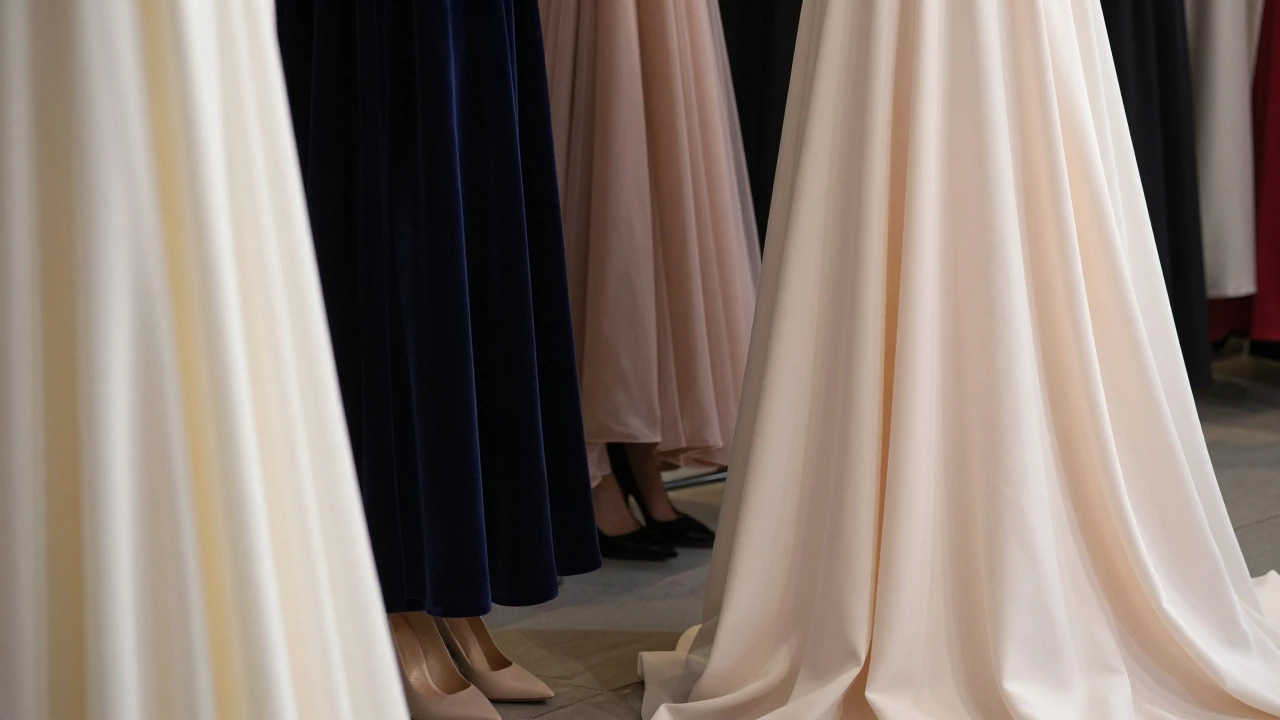 Close-up of lightweight cocktail fabrics vs heavy evening gown materials