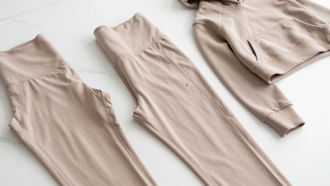 Close-up of versatile yoga pants and hoodies on a marble surface