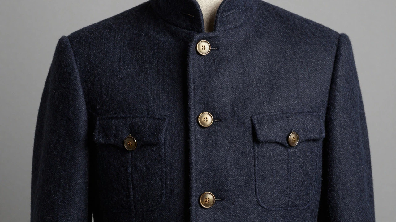 Close-up of wool bobby jacket showing high collar and brass buttons