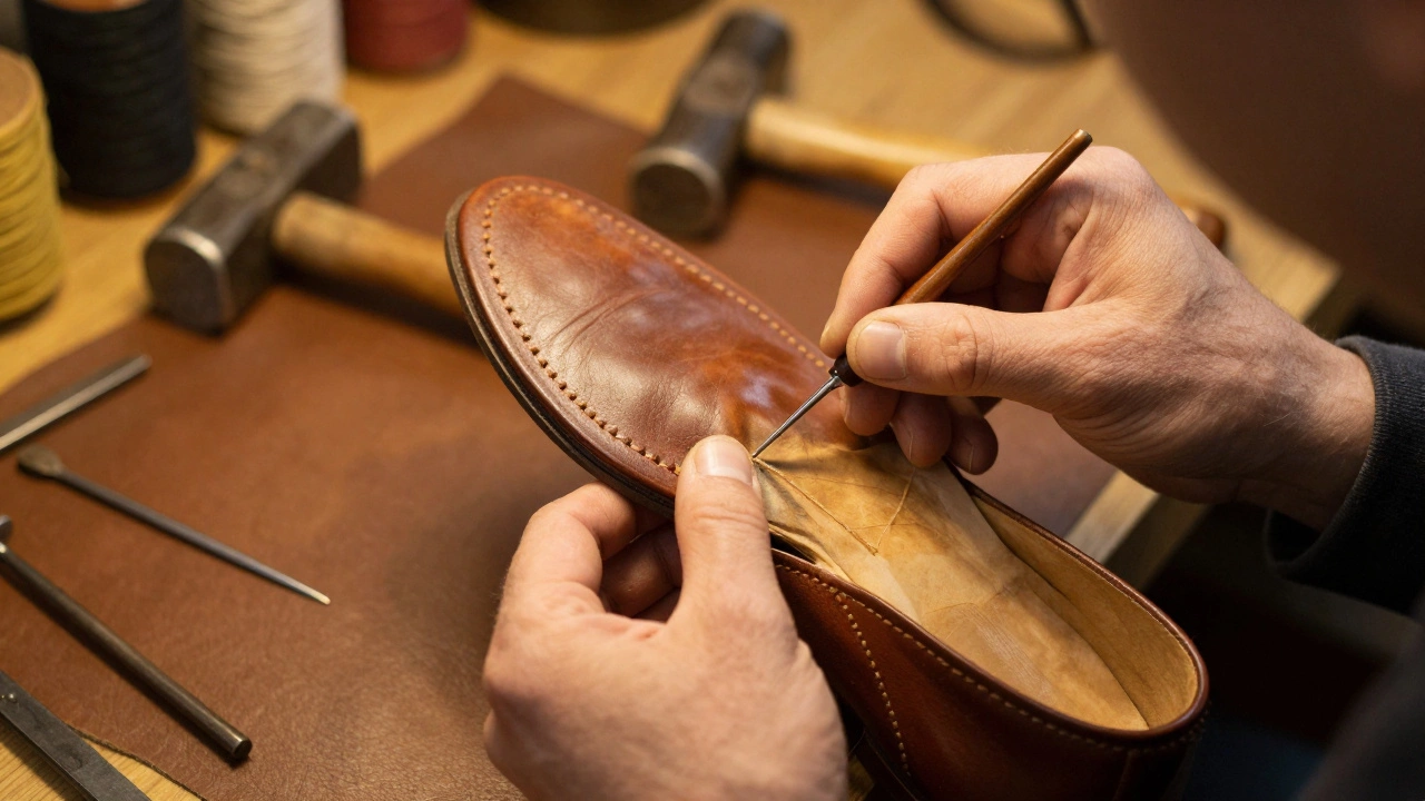 Cobbler stitching a new sole onto a leather shoe