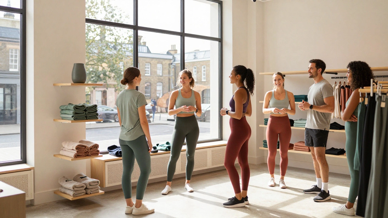 Fitness ambassadors chatting in a sunlit, modern retail community space
