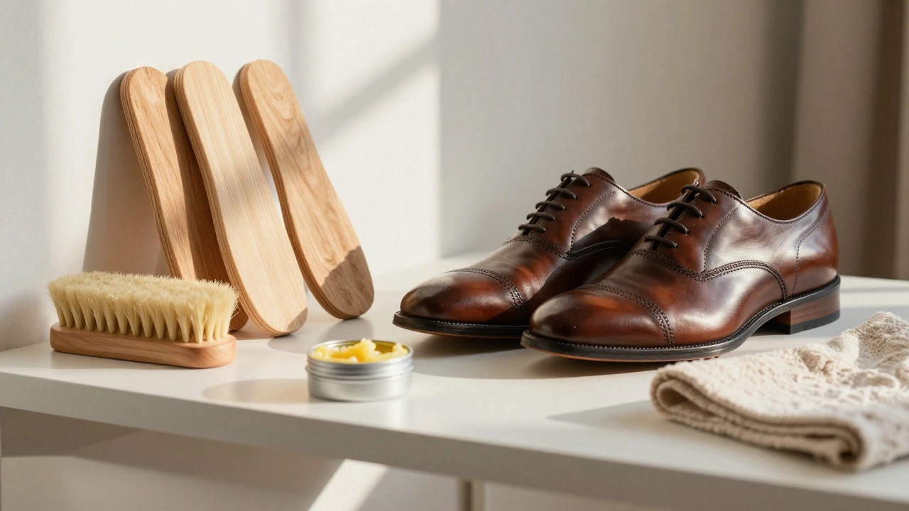 Leather shoes with cedar trees and care products on shelf