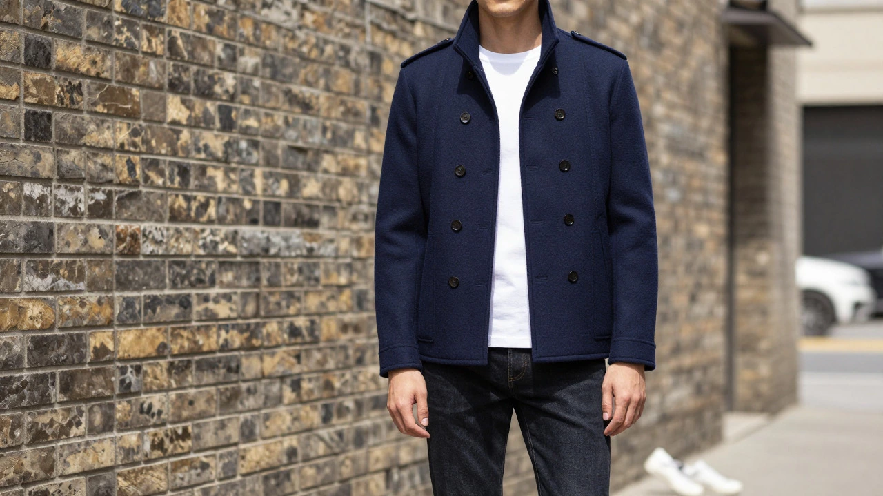 Man wearing modern navy bobby jacket with jeans and sneakers in city